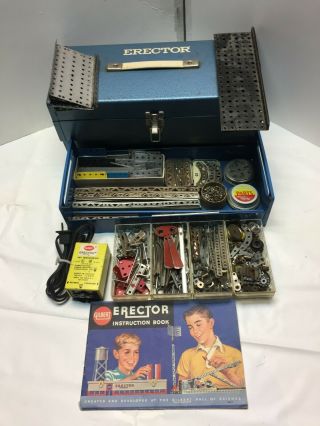Rare Vintage Gilbert Erector Set Toy W/ Parts Blue Metal Box