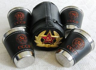 Russian Vodka Shot Glasses Set 4 X 50 Ml In Case With Red Star Hat Metal Badge