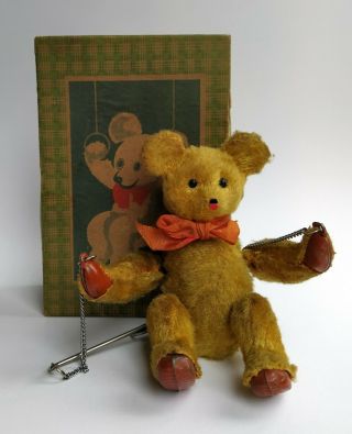 Masudaya Modern Toy Japan Swinging Tin Mohair Teddy Bear W Its Box