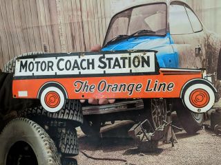 Old Vintage Motor Coach Station Porcelain Gas Oil Sign The Orange Line Die Cut