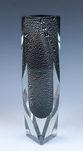 10 " Vintage Murano Mandruzzato Black Silver Fleck Faceted Italian Art Glass Vase