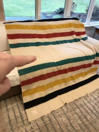 Vintage Hudson Bay Wool Camp Blanket For Repair Or Projects 72”x61” 3