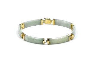 Vintage Asiana Green Jade Tube Link Bracelet 14k Yellow Gold Filigree Clasp