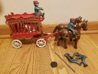 Vintage Cast Iron Overland Circus Horse Drawn Wagon Toy White Bear