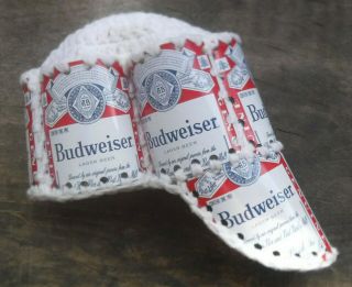 Vintage 70s Budweiser Beer Can Hat Crochet Knit Retro Handmade Baseball Style