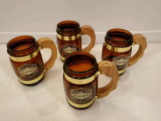 Vintage Set Of 4 Brown Glass & Wood Handle Grain Belt Beer Mugs Siesta Ware