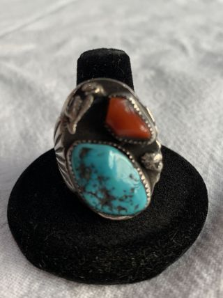 Large Vintage Navajo Sterling Silver Coral & Turquoise Signet Ring,  Size 12
