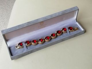 Vintage Jewellery Goldtone And Ruby Red Usa Bracelet Signed Benedikt Ny Boxed