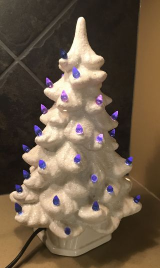 Vintage 1960s Holland Mold White Ceramic Christmas Tree 11 " Lights.  Dated 1968