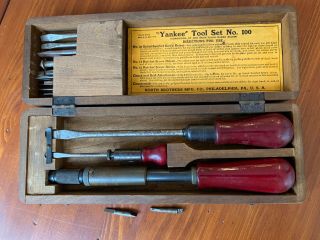 Vintage Yankee Tool Set No.  100 Ratchet Screw Driver North Brothers Wooden Case
