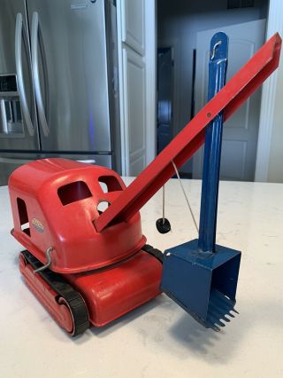 Vintage 1950’s Tonka Steam Shovel Crane Pressed Steel Toy Metal Red With Treads