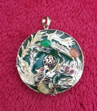 Vintage Chinese 14k Yellow Gold Green Jade Dragon Roos Round Heavy Pendant 10g