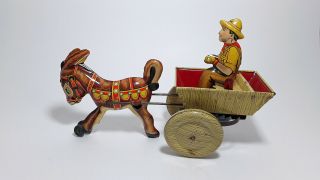 Marx Tin Toy Wind Up Donkey & Cart W/ Driver