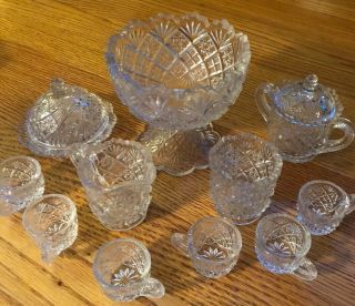 Antique Childs Miniature Punch Bowl,  6 Cups,  Creamer Sugar Toothpick Butter
