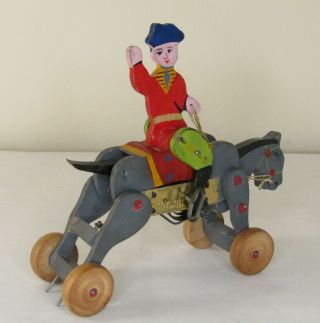 It Vintage Japan Wind Up Bucking Horse Cowboy Wooden Wood Toy Video