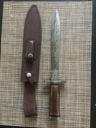 Vintage Large Damascus Blade Bowie/ Hunting Knife Marked Antonio.