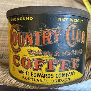 Vintage Country Club Coffee Dwight Edwards Company Portland Oregon 1 Pound Tin