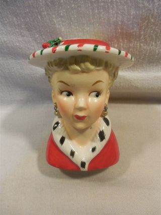 Vintage Japan Ceramic Christmas Lady Head Vase Candle Holder 4 1/4 " Sm Chip