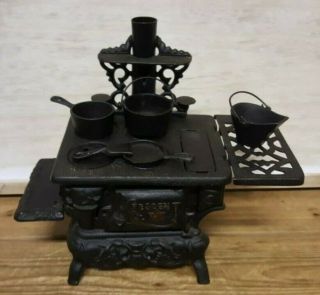 Crescent Miniature Cast Iron Stove Vintage Antique Toy Oven Collectable