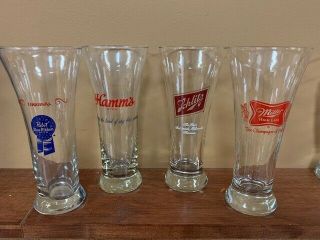 Set 4 Vintage 7 1/4 " Tall Pilsner Beer Glasses - Hamm’s - Schlitz - Pabst - Miller