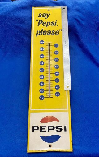 Vintage 1960’s Say Pepsi Please Old Metal Advertising Thermometer Sign