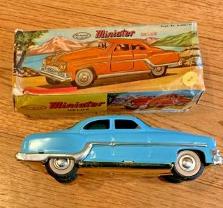 Vintage 1950 ' s Minister Deluxe Tin Friction Toy Car Blue Sedan w/ Box 2
