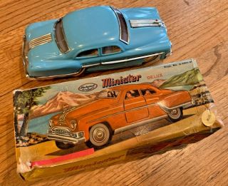 Vintage 1950 ' s Minister Deluxe Tin Friction Toy Car Blue Sedan w/ Box 3