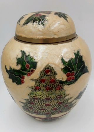 Vtg Hand Painted Enameled Brass Cloisonné Lidded Ginger Jar Christmas Tree 7.  25 "