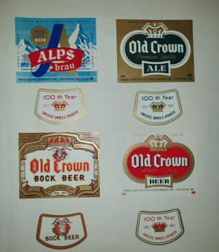 8x 1960s Vintage Old Crown Brewing Corp Beer Labels.  Fort Wayne Indiana