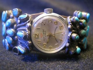 Ladies Vintage Sterling Silver Zuni Turquoise Watch Cuff W/ Watch Signed Kt1025