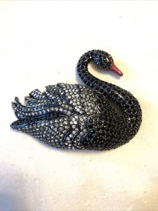 Vintage Joan Rivers Large Black Swan Crystal Brooch Pin - -