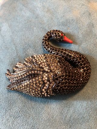 Vintage Joan Rivers Large Black Swan Crystal Brooch Pin - - 2