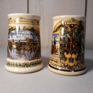 Set Of 2 Vintage Handcrafted Ceramic Beer Mugs Praha