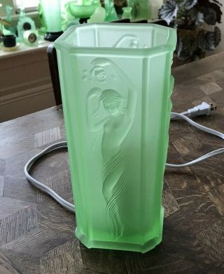 Vintage Art Deco Nude Female Torchiere Lamp - Frosted Satin Green Glass