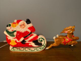 Vtg 1970 Empire Plastic Santa In Sleigh With Reindeer Blowmold Blow Mold Lighted