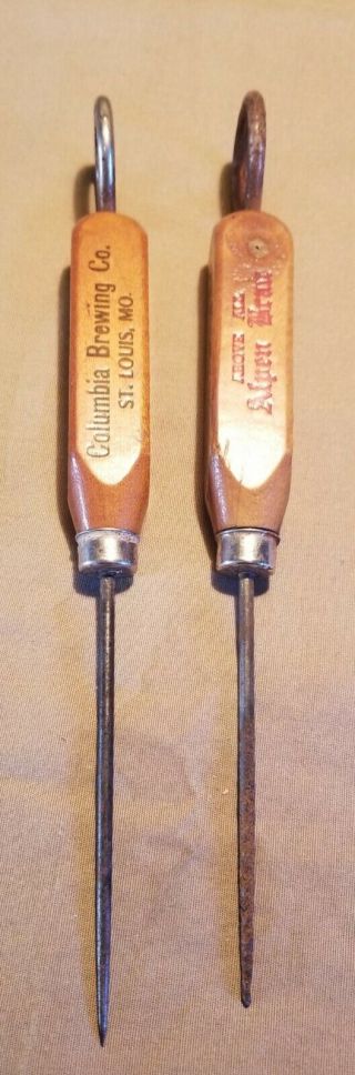 Pair.  Vintage Alpen Brau Beer Wooden Ice Pick Openers.  30s.  Columbia St Louis Mo.