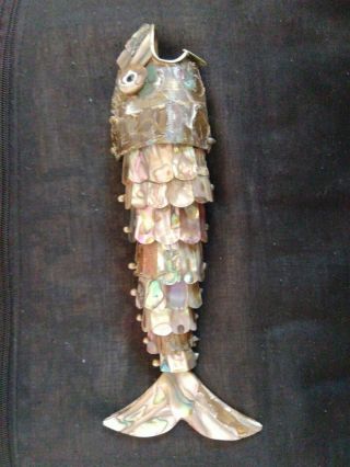 7 " Vintage Abalone Shell Mother Of Pearl Fish Articulated Bottle Opener