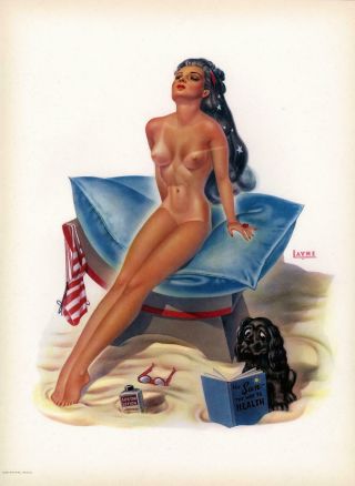 Vintage 1940s Bill Layne Large Pin - Up Print Sun Beach Goddess Louis F.  Dow