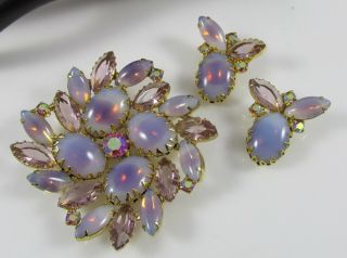 Vintage Juliana Large Open Back Purple&milky Two Tone Pin Brooch&earrings Set