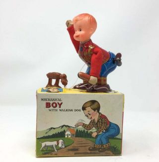 Vintage Amico Mechanical Boy With Walking Dog Windup Tin Toy W Box 1960s