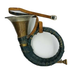 Vtg German Furst - Pless Brass Hunting Bugle Horn Green Leather Banding Instrument