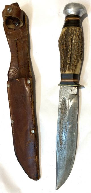 Vintage Sword & Shield Solingen Germany Stag Handle Hunting Knife With Sheath