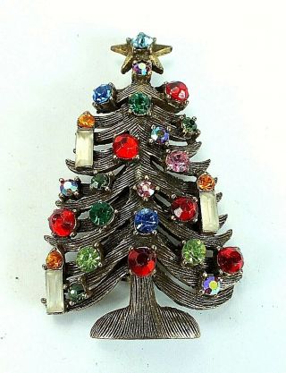 Vintage Signed Weiss Costume Jewelry Christmas Tree 3 Candle Pin Brooch Htf