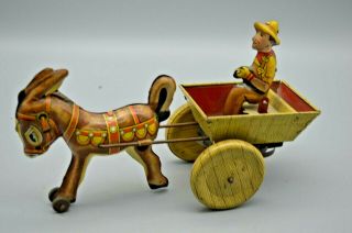 1950 Marx Tin Toy Wind Up Donkey & Cart With Driver (color)