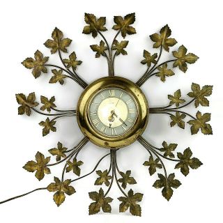 Vtg United Model No.  20 Mid Century Gold Maple Ivy Leaves Starburst Wall Clock