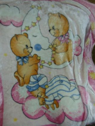 Vintage Novatex Pink Bear Baby Blanket Velour Mexico Crib Throw 42 X 50 Inches