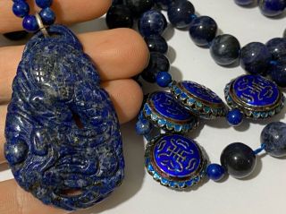 VTG Chinese Enamel Cloisonné Lapis Lazuli Beaded Necklace Strand Pendant 2