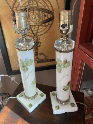 2 Vintage Hollywood Regency White Glass Table Lamps Hand Painted Pair