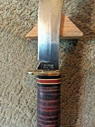 Vtg.  Western U.  S.  A.  L66 D Hunting Knife,  Stacked Leather Handel,  Brass Crossguard