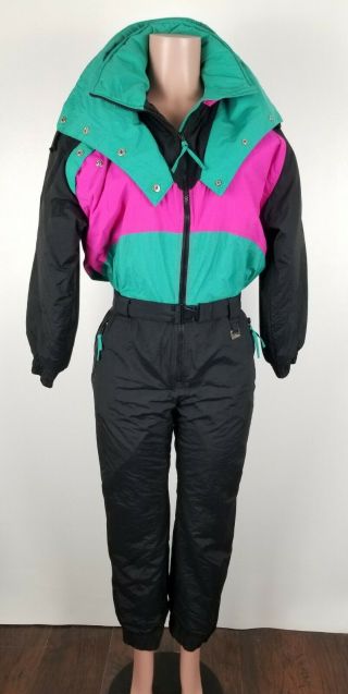 Vintage Womens Club Attivo Ski Snow Suit Size 12 Large Black Teal Pink